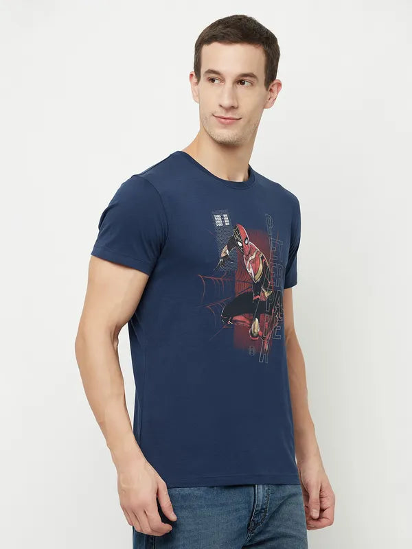 Octave Men Blue Spider-Man Printed Raw Edge T-Shirt