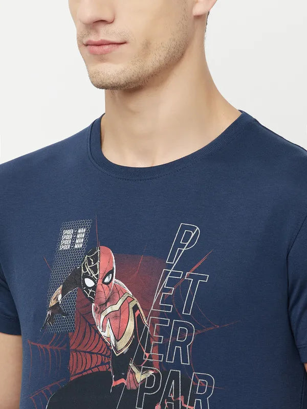 Octave Men Blue Spider-Man Printed Raw Edge T-Shirt
