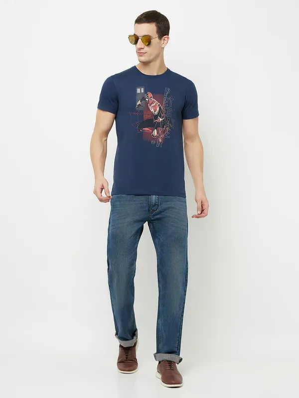 Octave Men Blue Spider-Man Printed Raw Edge T-Shirt