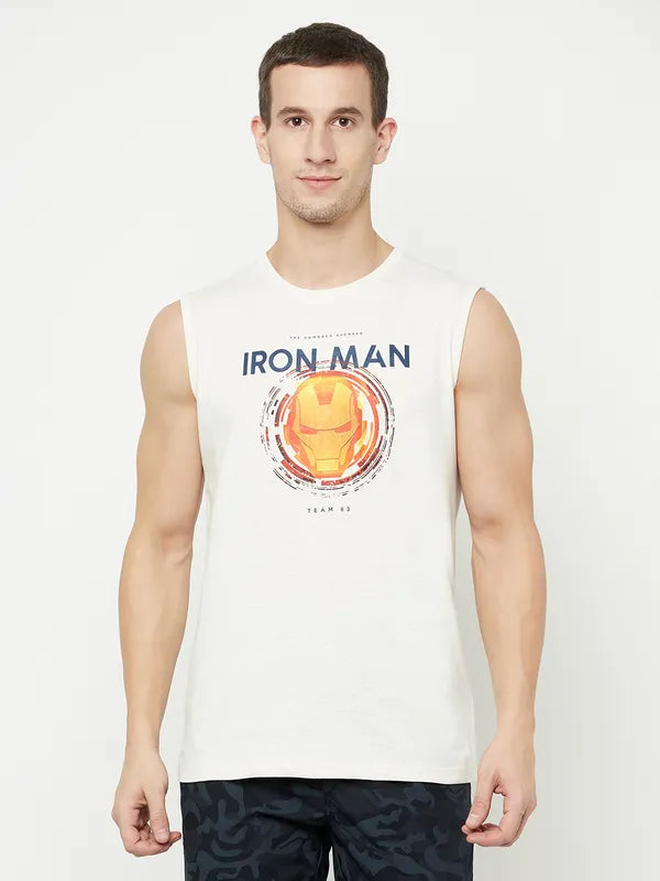Octave Men White Typography Iron Man Printed Applique T-Shirt