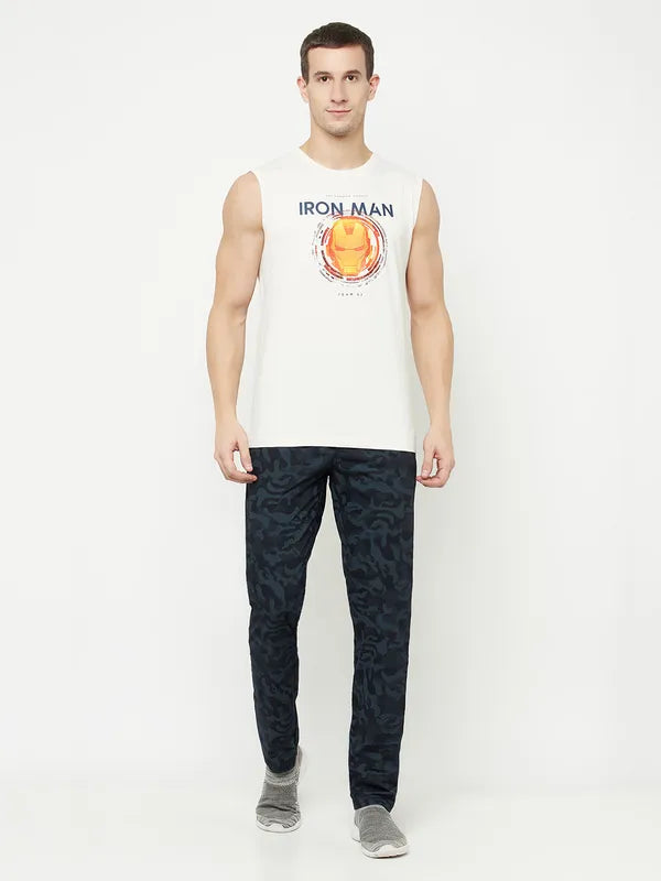 Octave Men White Typography Iron Man Printed Applique T-Shirt