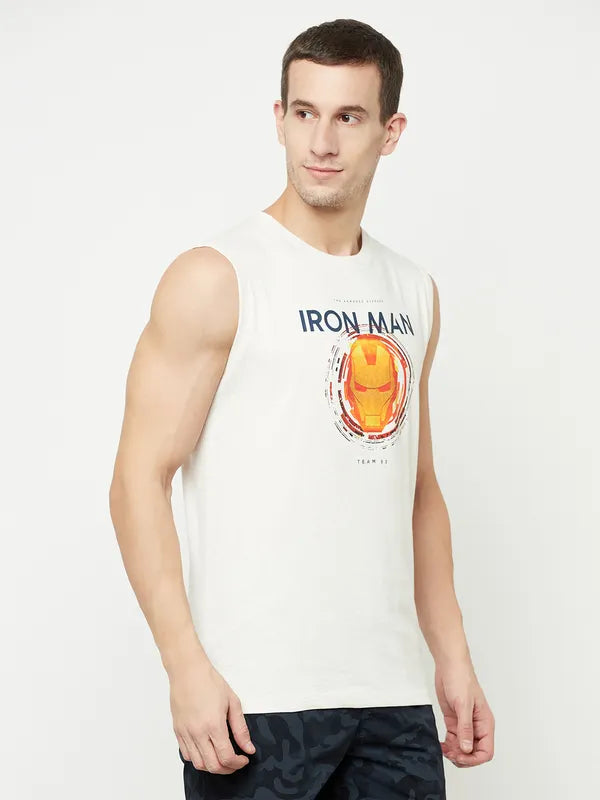 Octave Men White Typography Iron Man Printed Applique T-Shirt