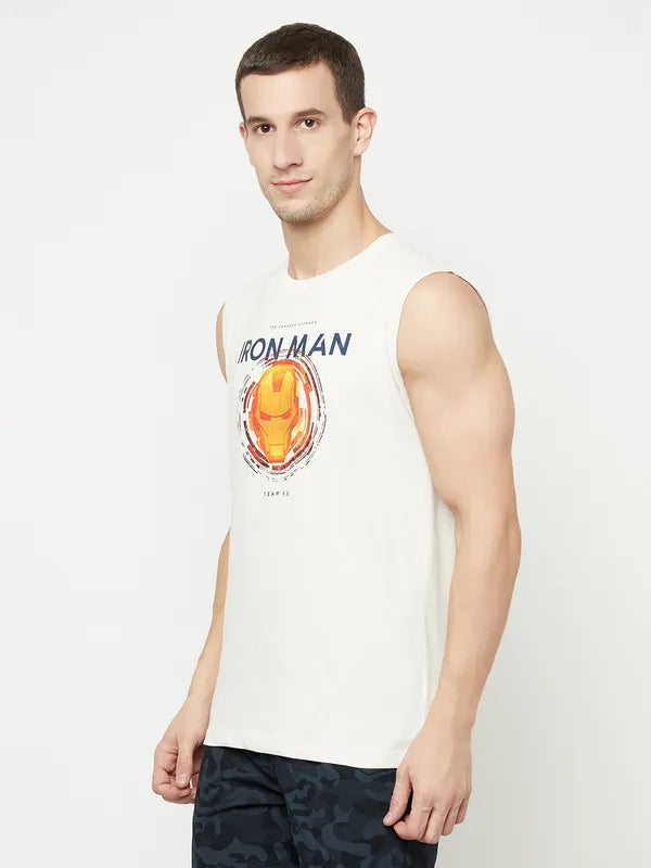 Octave Men White Typography Iron Man Printed Applique T-Shirt