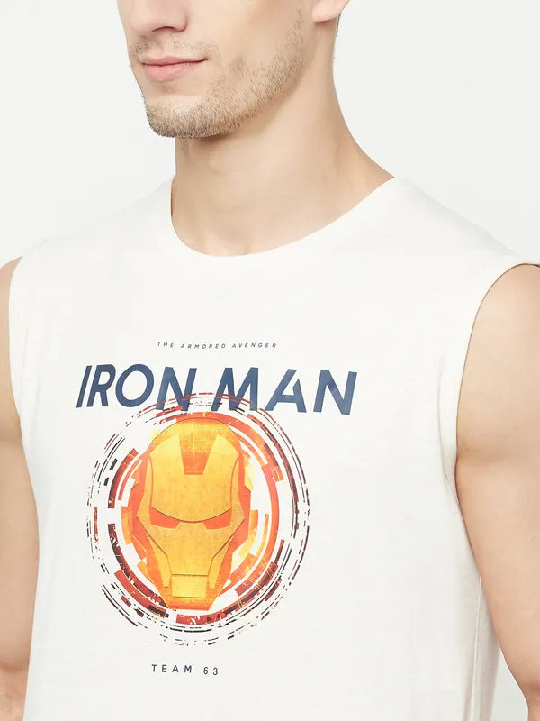 Octave Men White Typography Iron Man Printed Applique T-Shirt