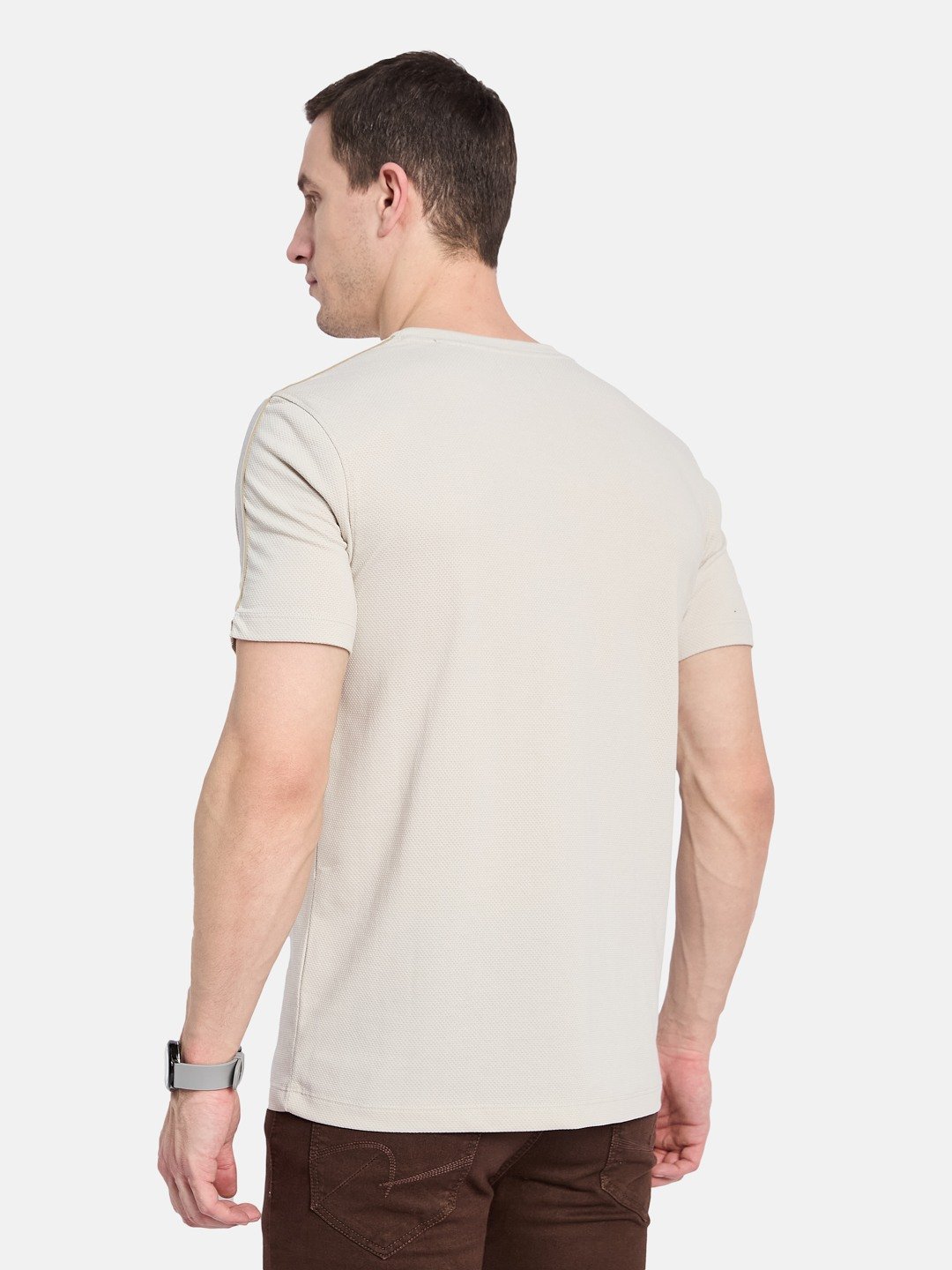 CHEST PRINT ROUND NECK POPCORN KNIT T-SHIRT