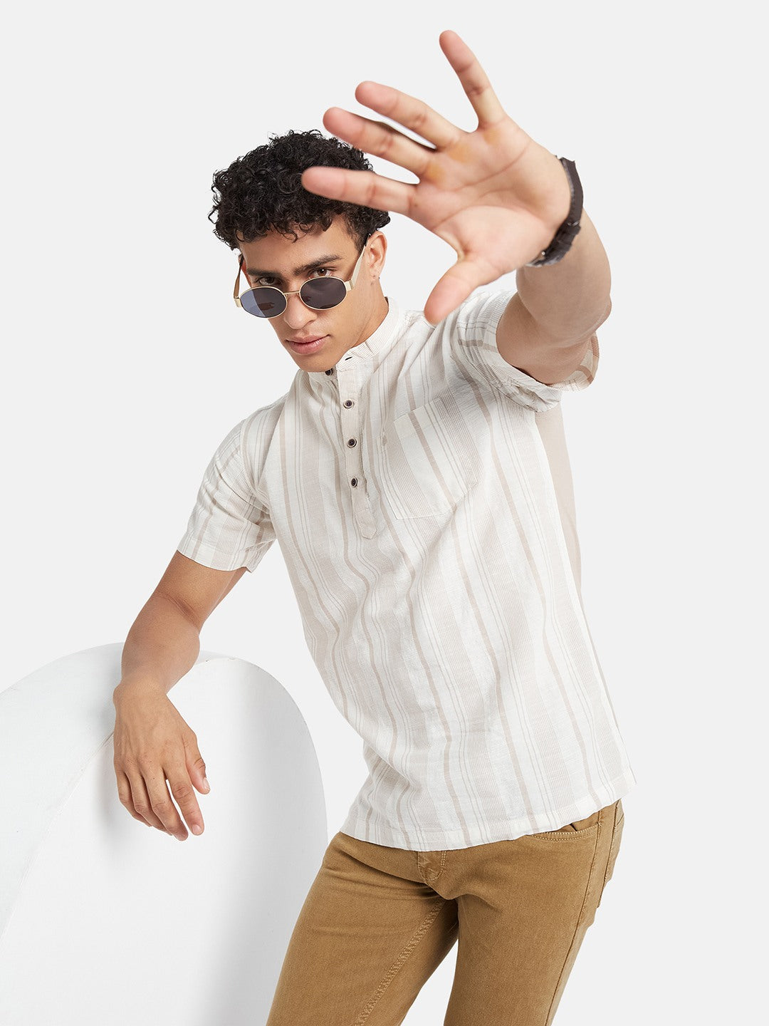 METTLE Striped Mandarin Collar Casual Cotton Shirt