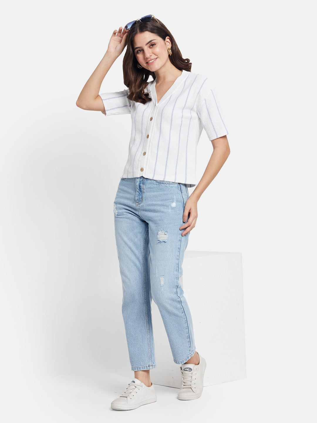 METTLE Striped V-Neck Cotton T-shirt