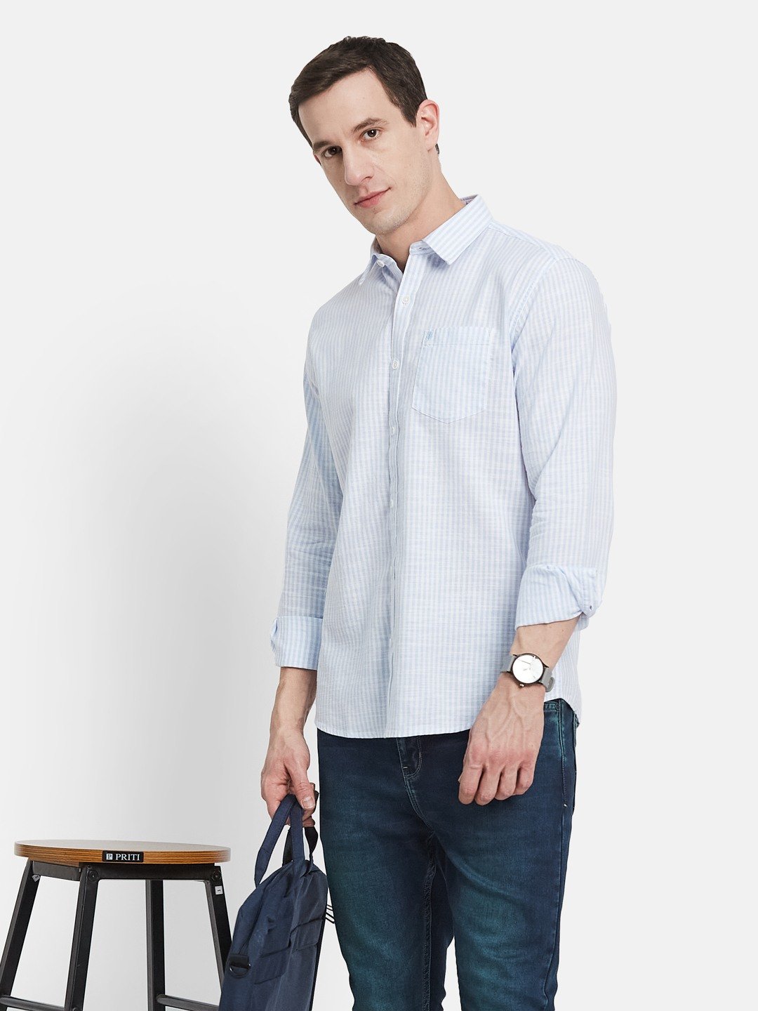 METTLE Men Spread Collar Vertical Striped Cotton Casual Shirt