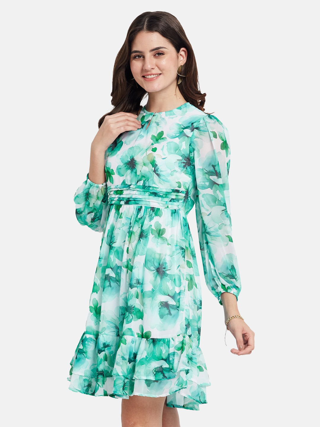 METTLE Women Floral Printed Round Neck Fit & Flare Mini Dress