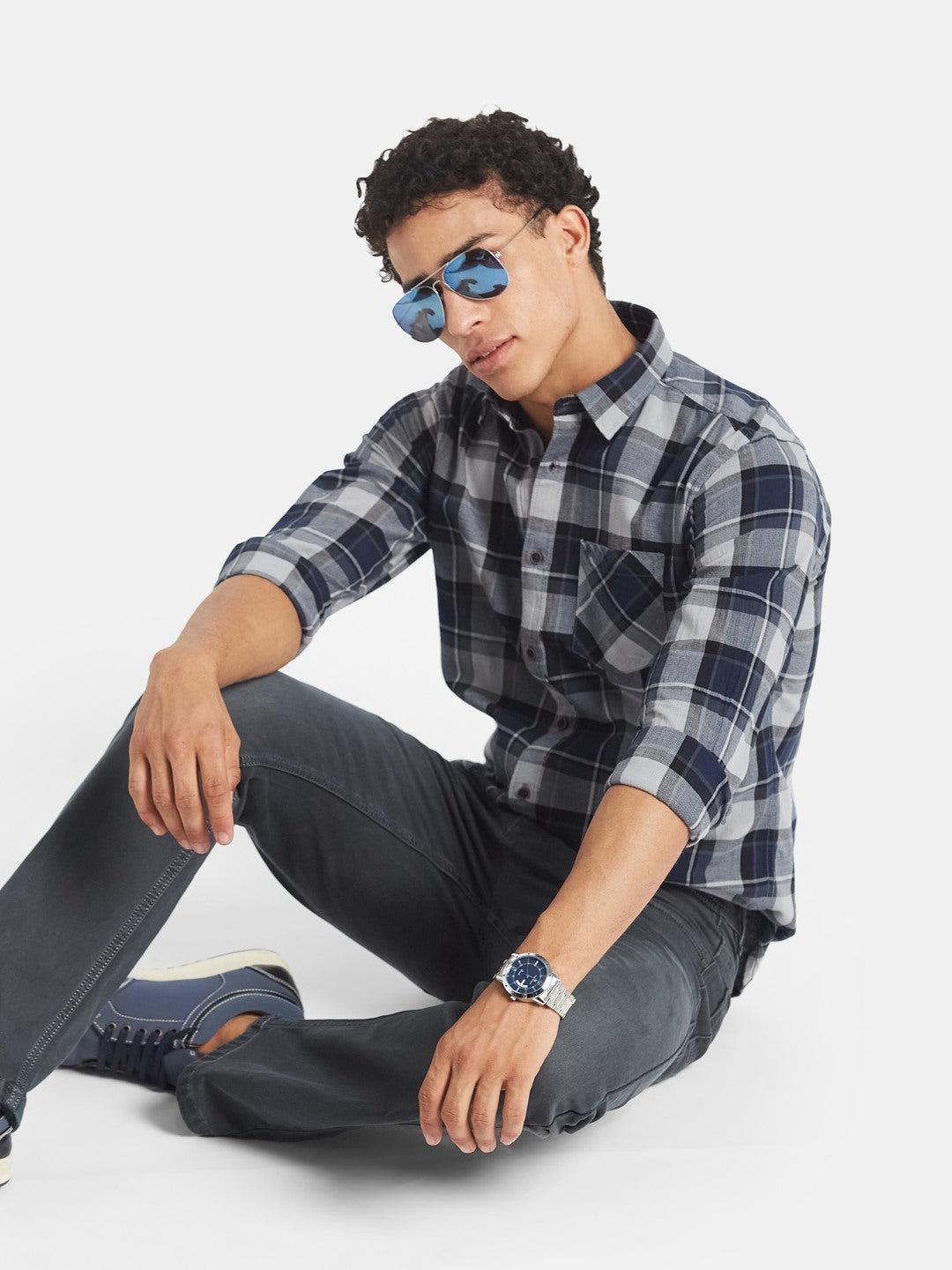 METTLE Men Tartan Checked Spread Collar Cotton Casual Shirt