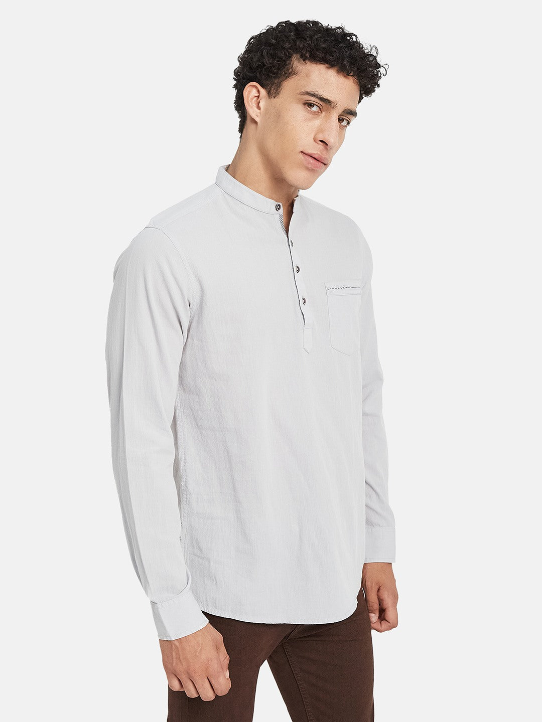 METTLE Long Sleeves Mandarin Collar Cotton Opaque Regular Fit Casual Shirt