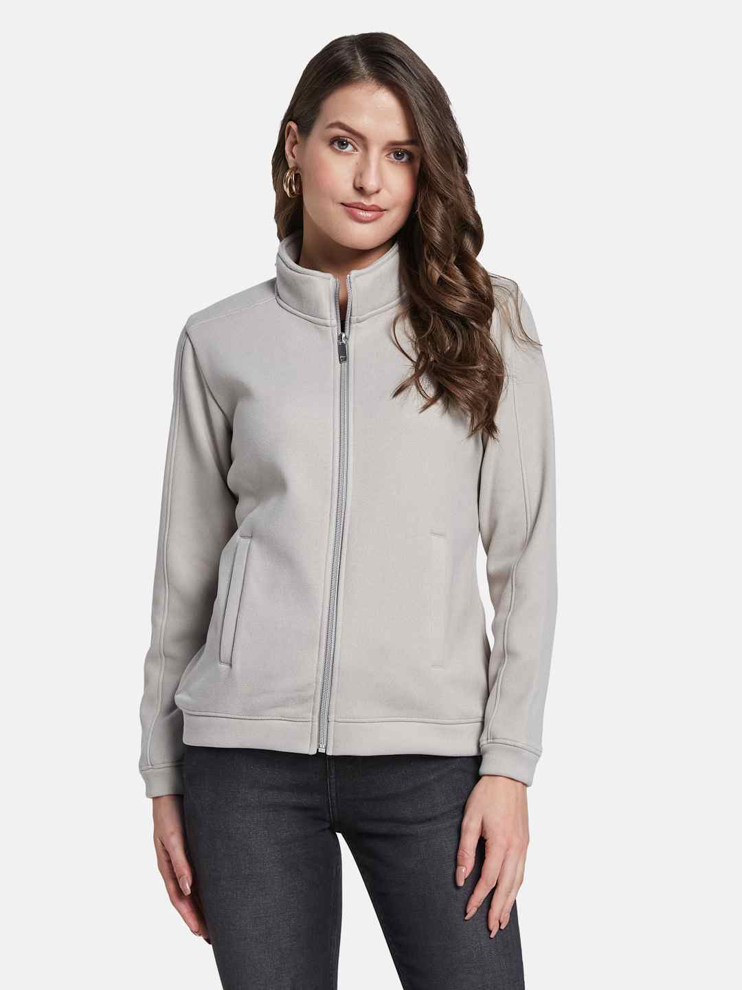 METTLE Women Mock Collar Front-Open Sweatshirt