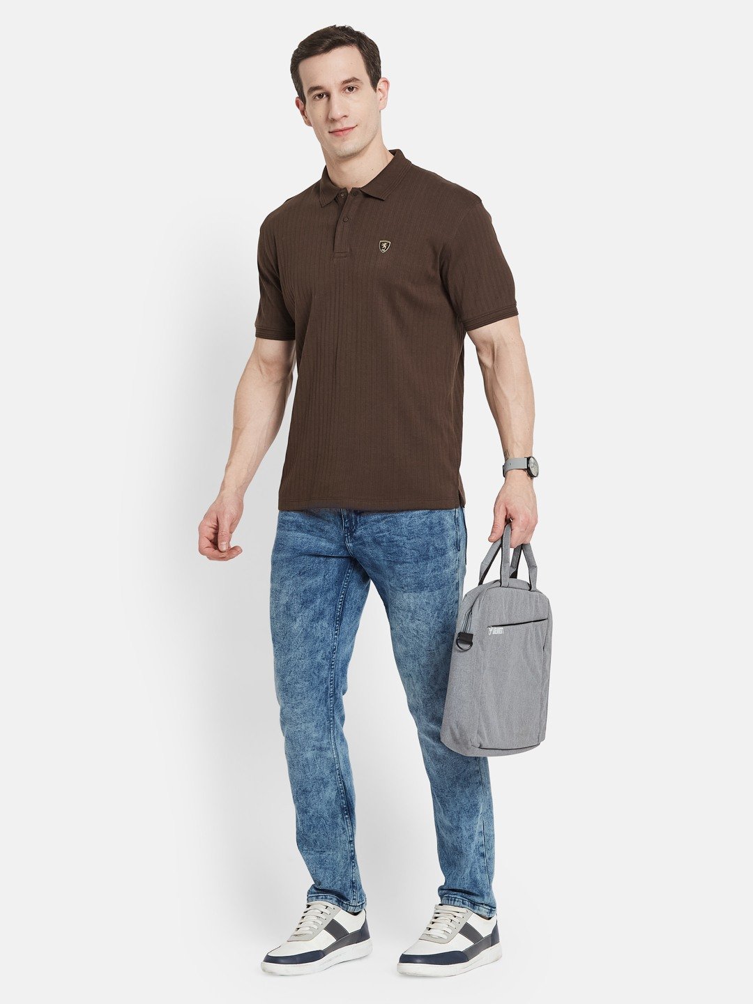 VERTICAL STRIPE POLO NECK RIB STRUCTURE T-SHIRT