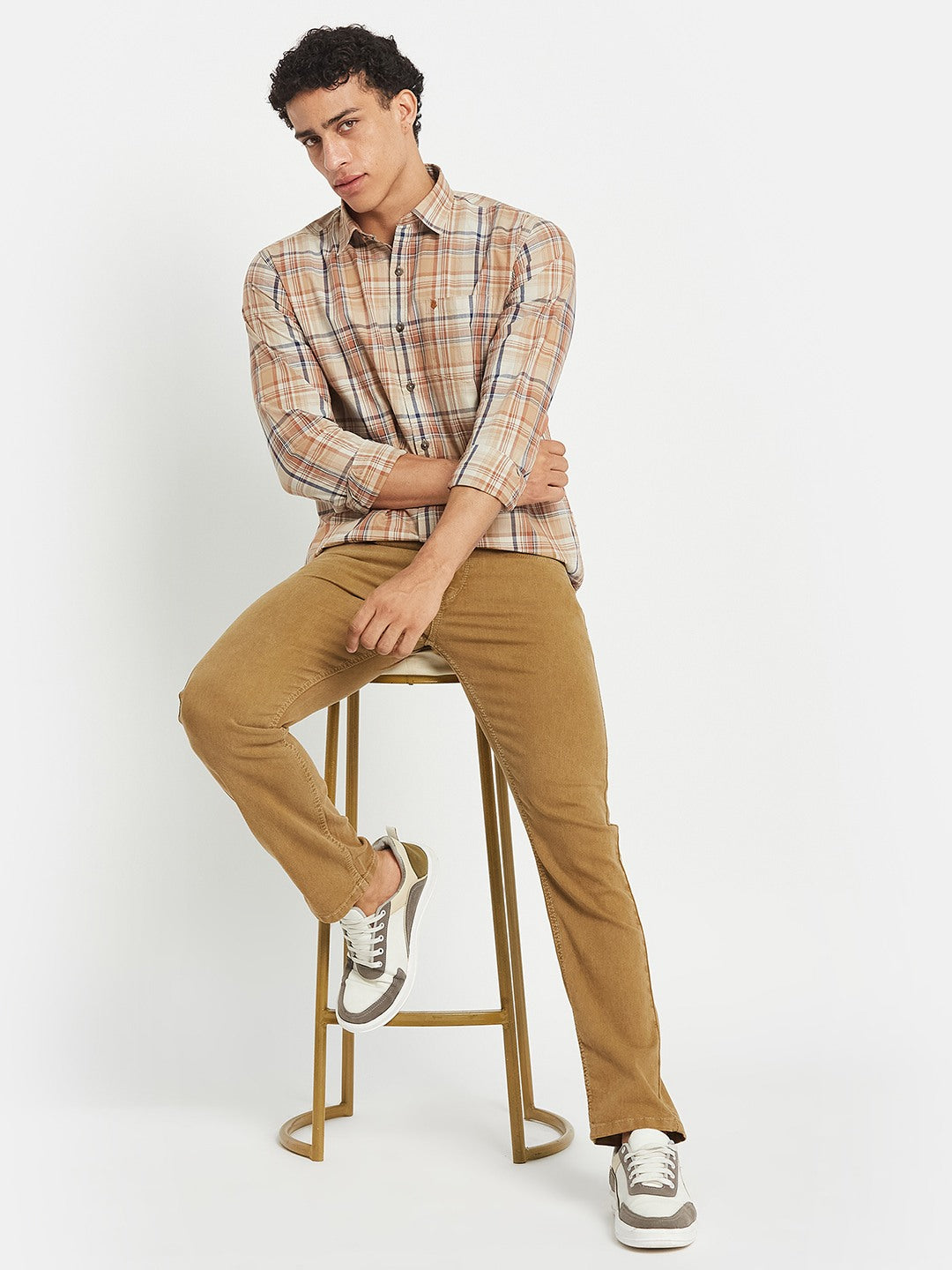 METTLE SS25 Checked Cotton Spread Collar Casual Shirt