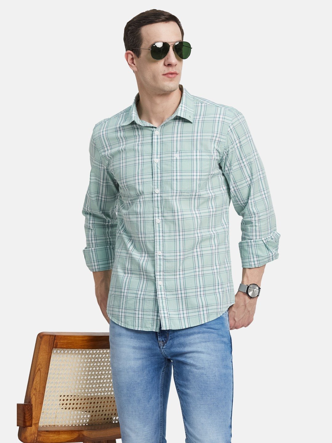 METTLE Men Spread Collar Tartan Checked Cotton Casual Shirt