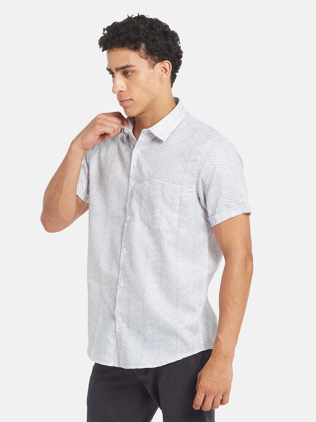 METTLE SS25 Geometric Printed Spread Collar Casual Cotton Shirt