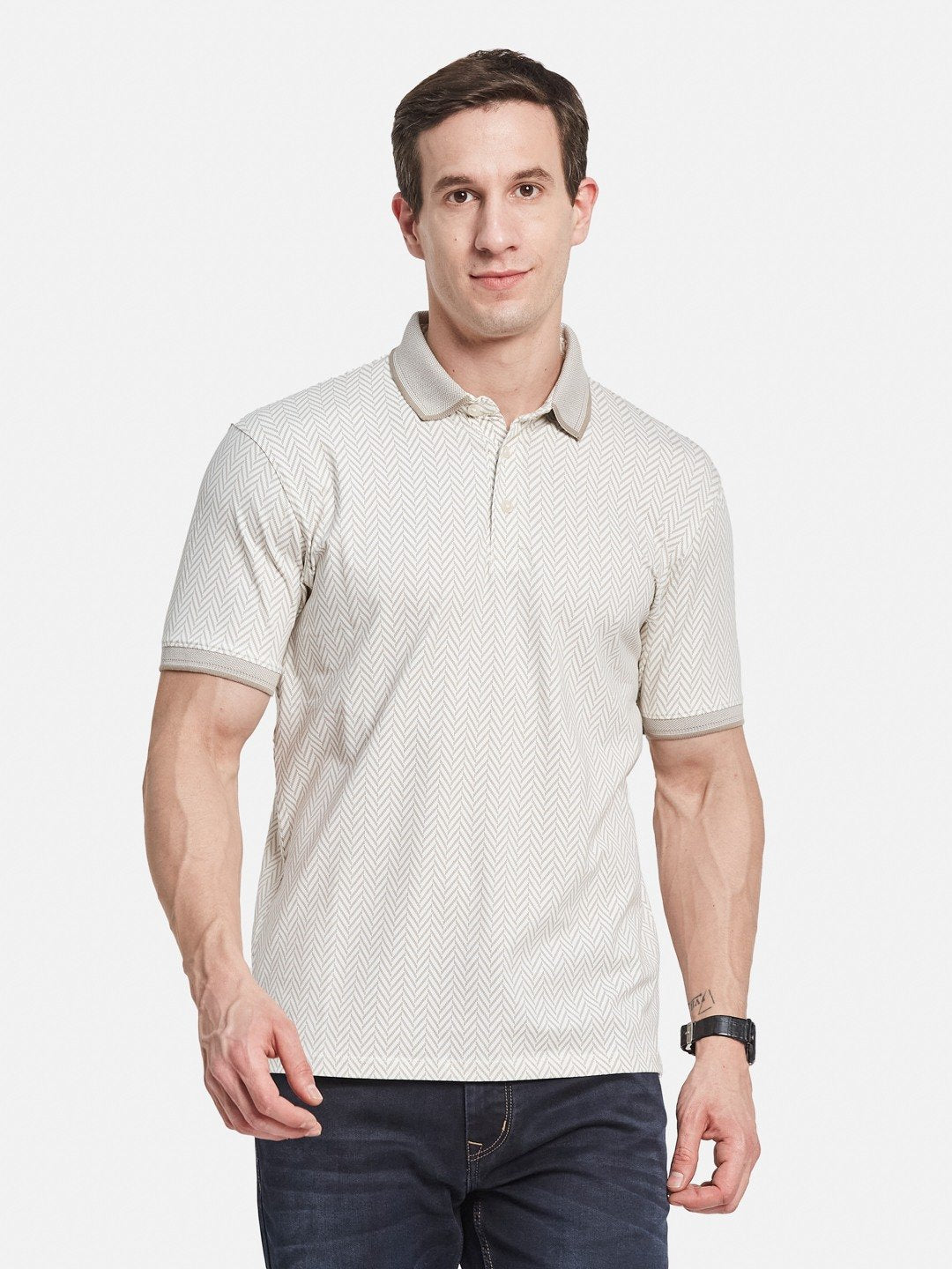 AOP MOTIF PRINT POLO NECK SINGLE JERSEY KNIT LYCRA T-SHIRT