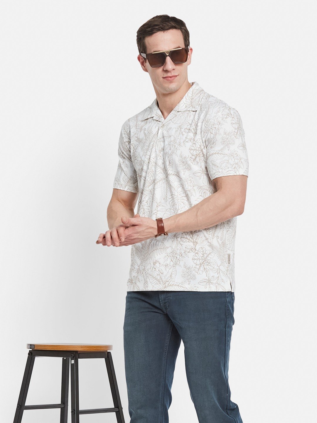 AOP FLORAL PRINT POLO NECK COTTON T-SHIRT