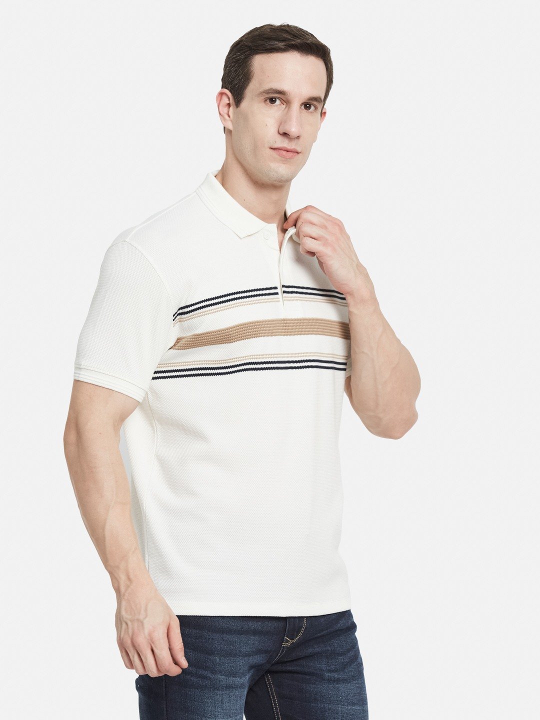HORIZONTAL STRIPE POLO NECK POPCORN KNIT T-SHIRT