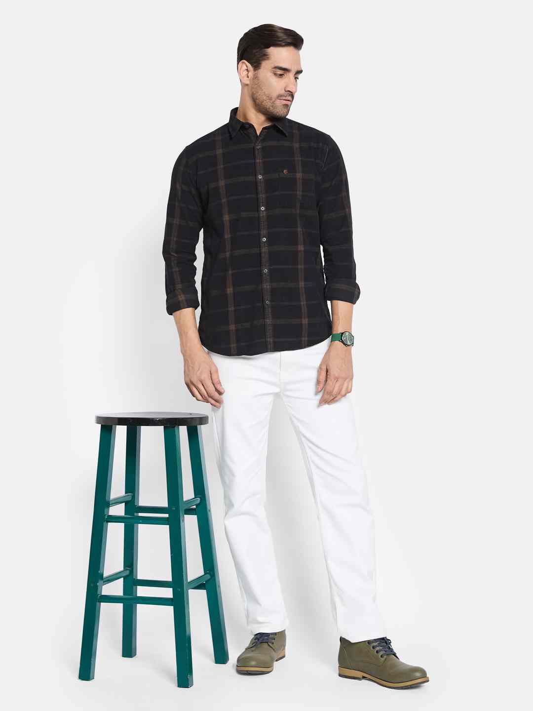 METTLE Men Spread Collar Checked Cotton Casual Shirt