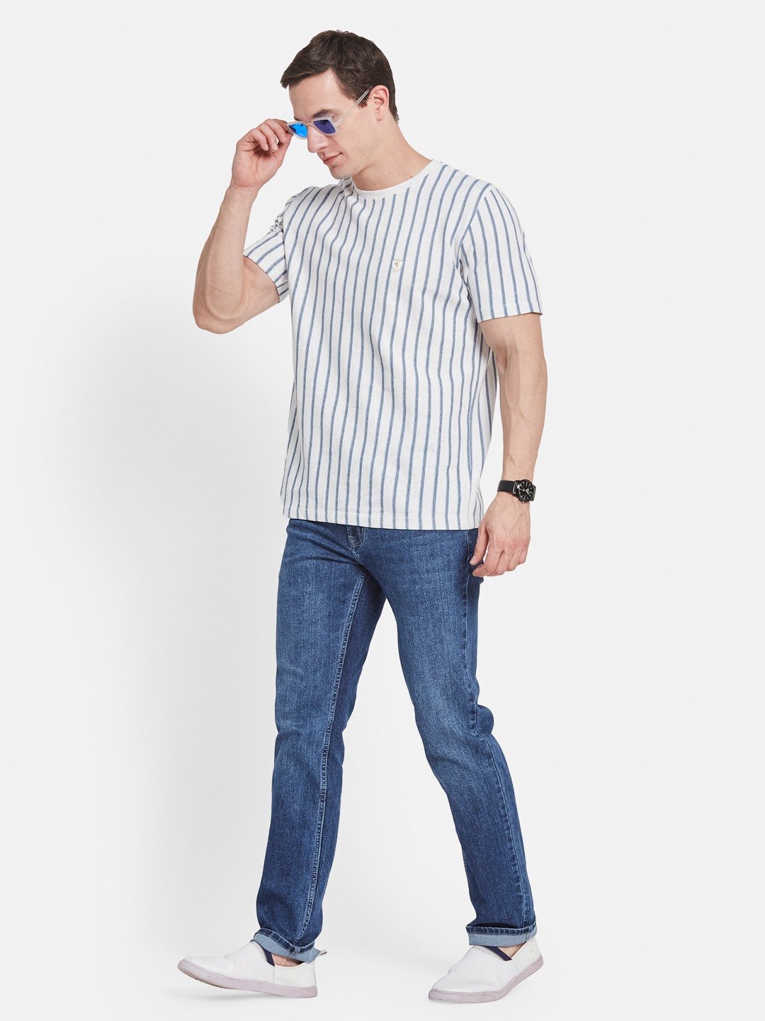 VERTICAL STRIPE ROUND NECK POPCORN KNIT  T-SHIRT