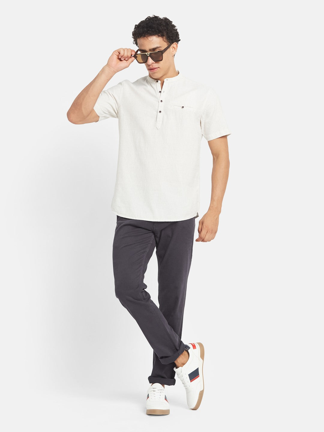 METTLE Striped Short Sleeves Mandarin Collar Cotton Opaque Regular Fit Casual Shirt