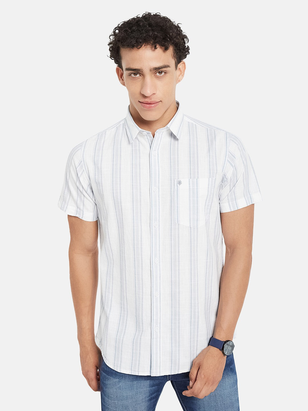 METTLE Striped Short Sleeves Spread Collar Cotton Opaque Regular Fit Casual Shirt