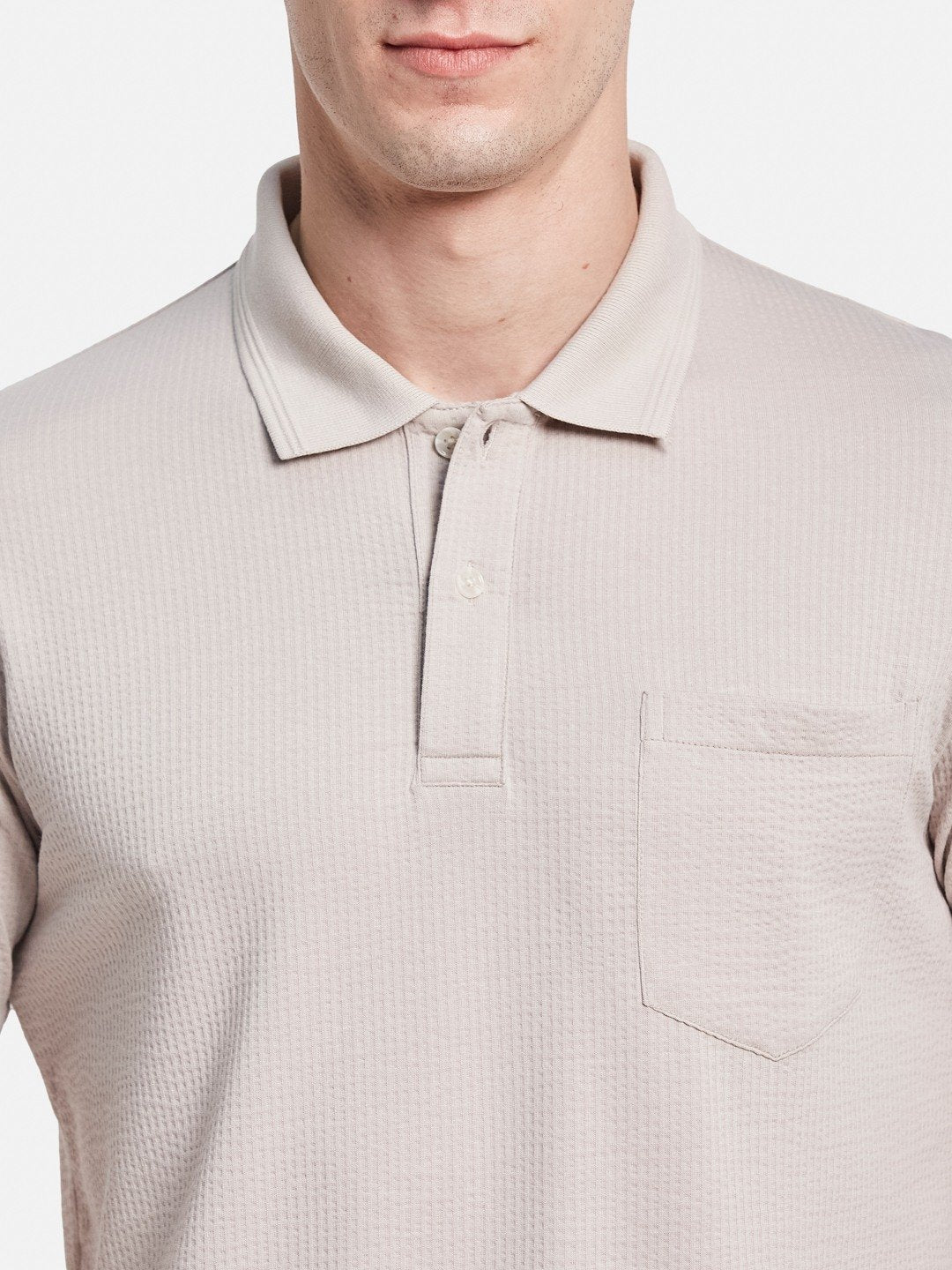 SOLID POLO NECK FRONT OPEN POCKET SEER SUCKER T-SHIRT
