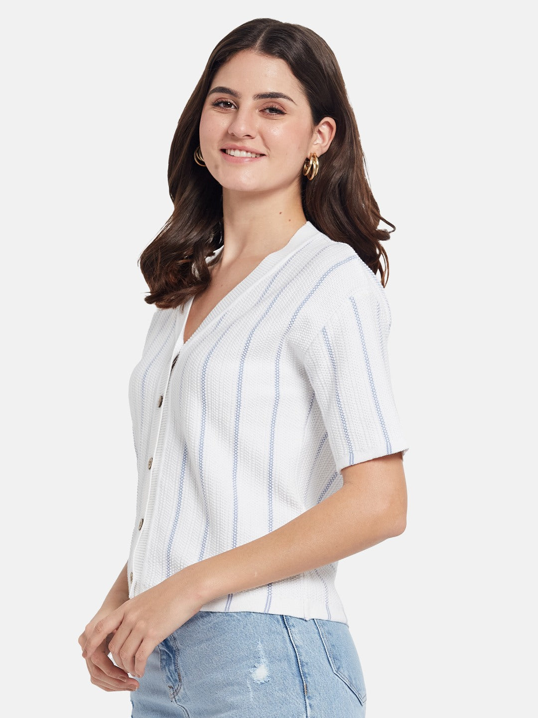 METTLE Striped V-Neck Cotton T-shirt