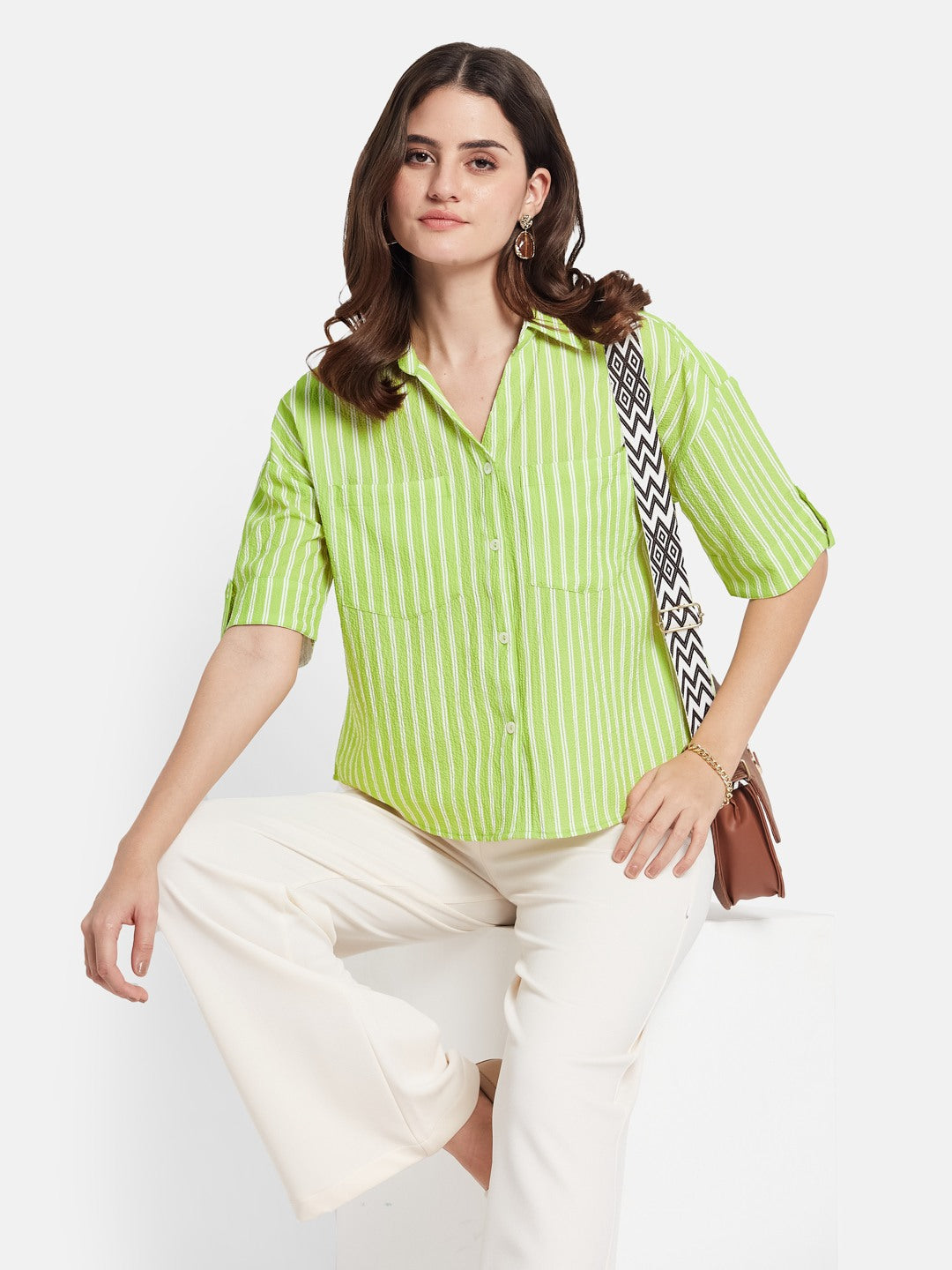 METTLE Striped Short Sleeves Spread Collar Cotton Opaque Regular Fit Casual Shirt