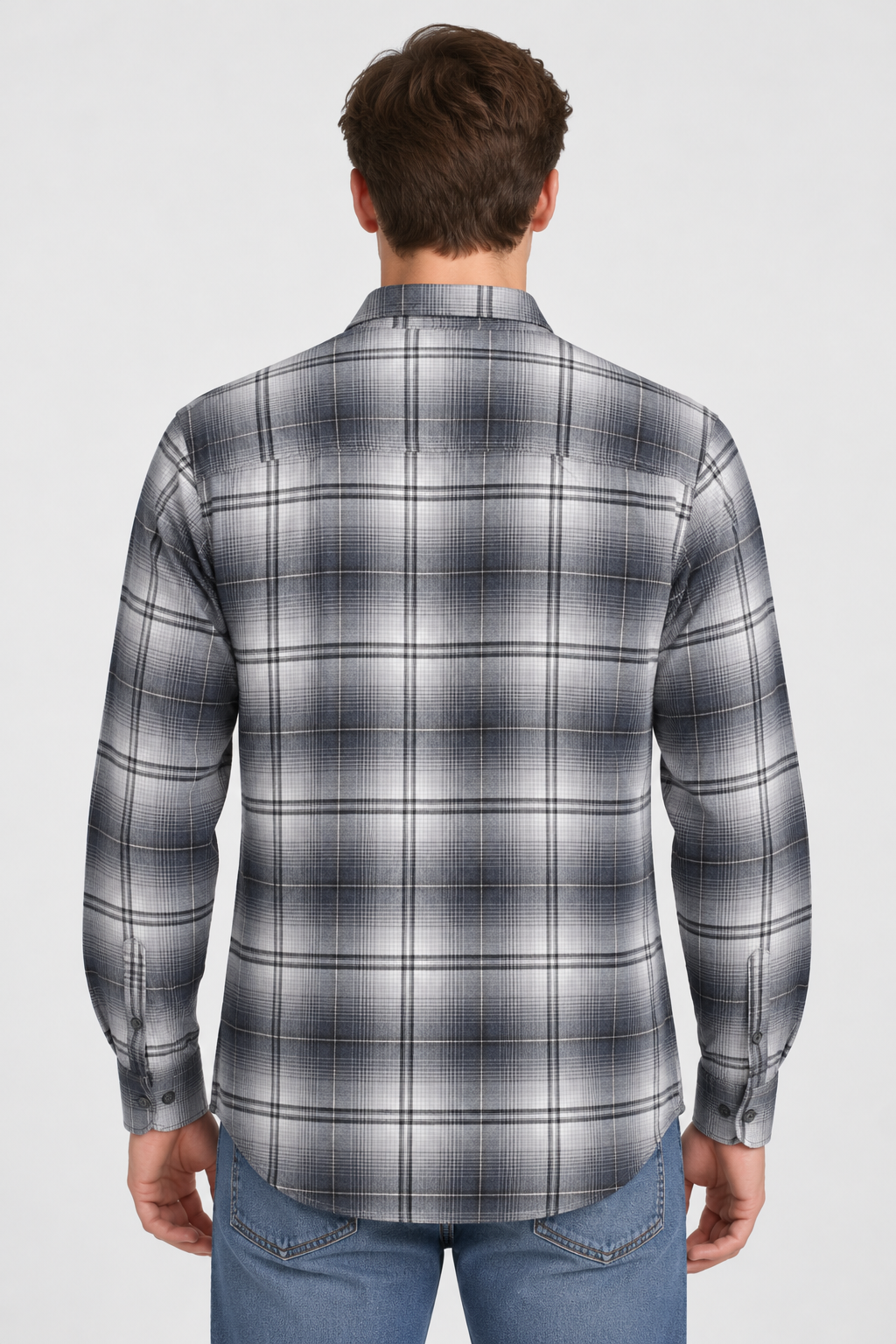 Men's Regular Fit Twill Brushed Checkered Full Sleeve Shirt with Spread Collar and Chest Pocket – Denim