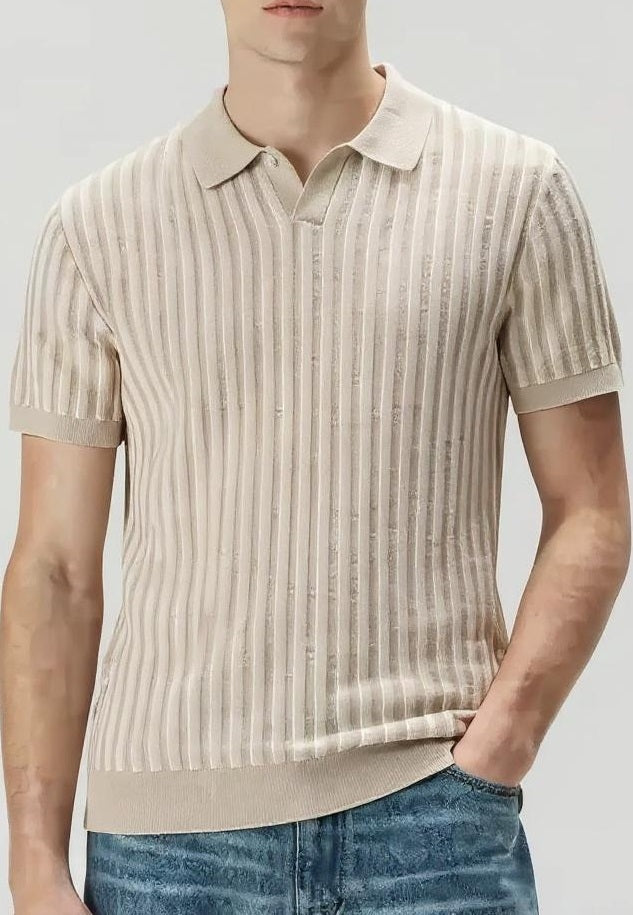Men Natural Melange Striped Polo Collar T-shirt
