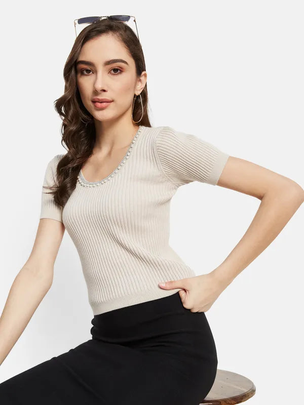 Pearl Neck Ribbed T-Shirt