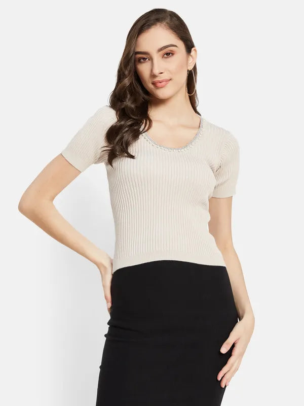 Pearl Neck Ribbed T-Shirt