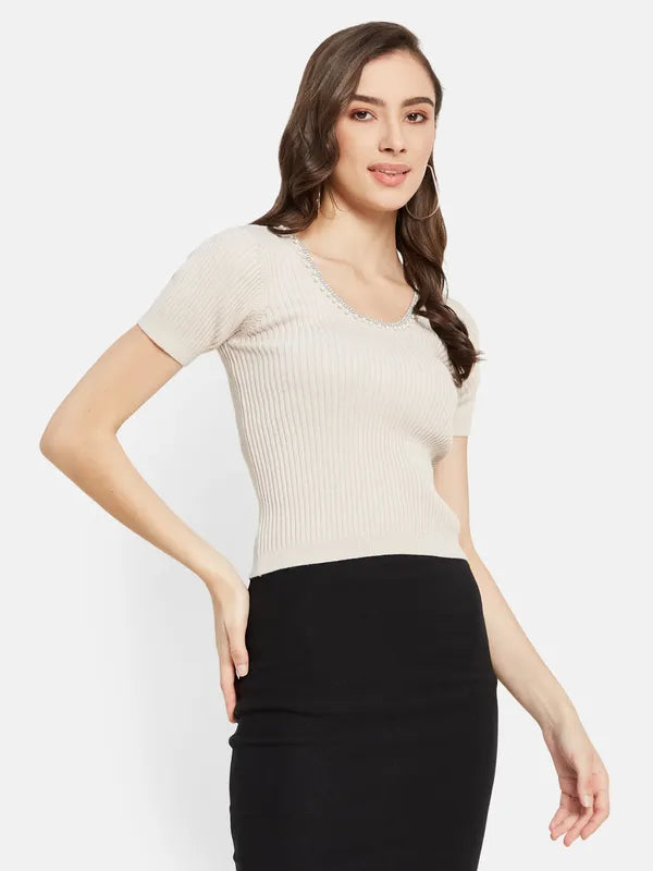 Pearl Neck Ribbed T-Shirt