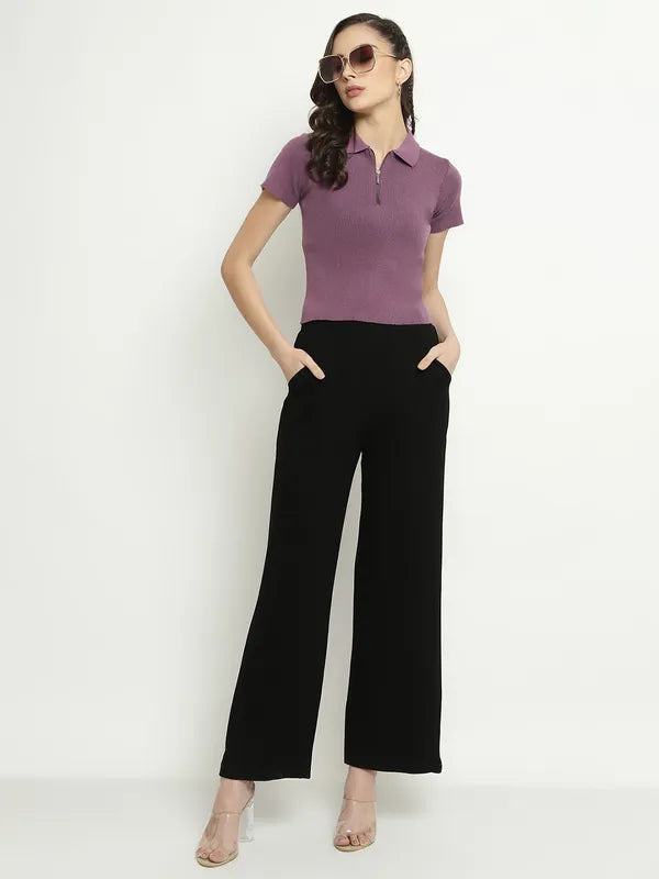 Mettle Women Purple High Neck Pockets T-Shirt