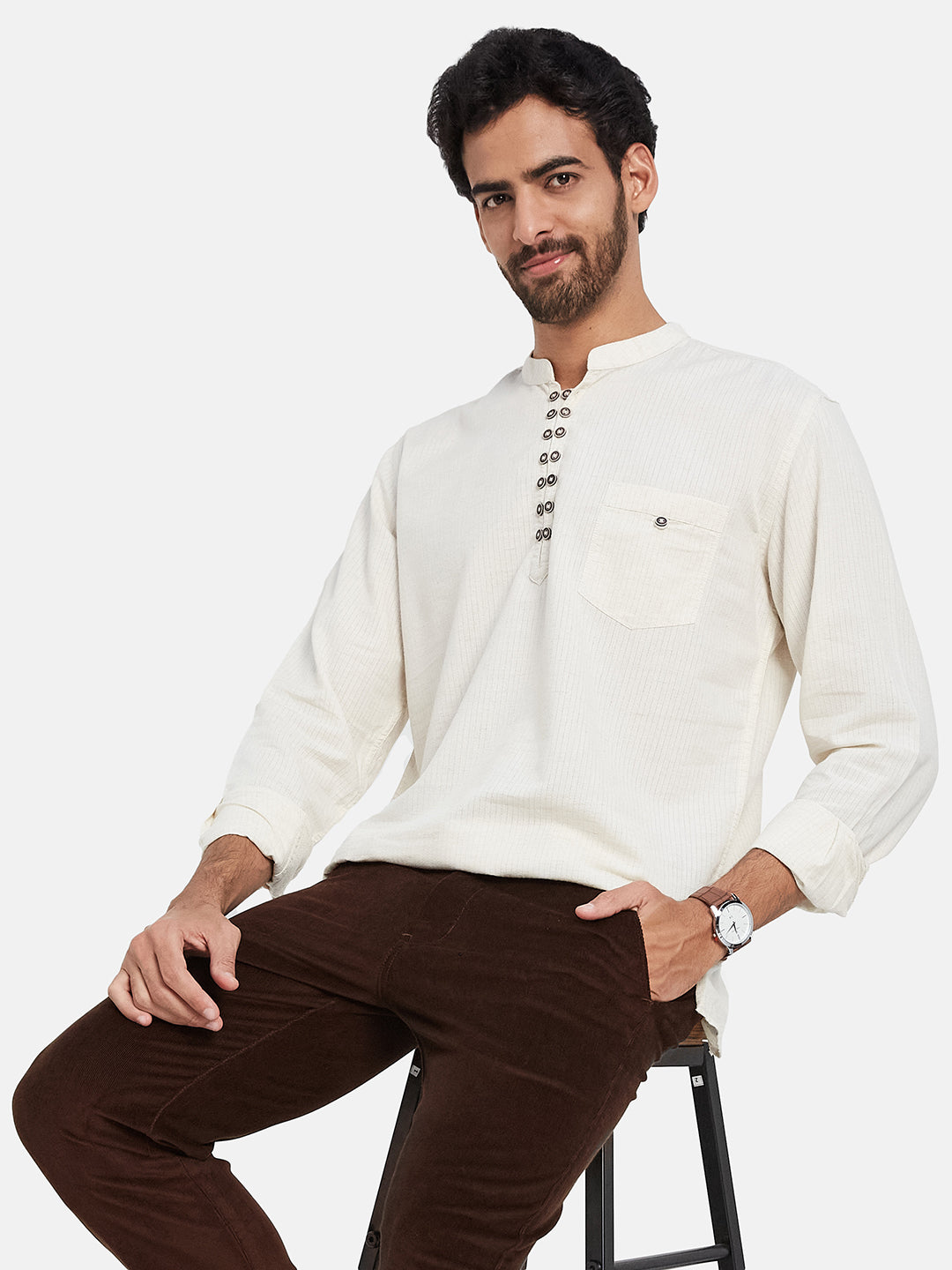 Mettle Vertical Striped Mandarin Collar Cotton Casual Shirt