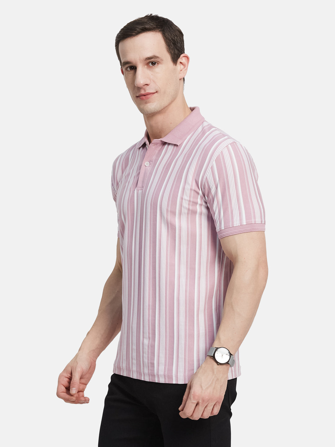 VERTICAL STRIPE POLO NECK T-SHIRT