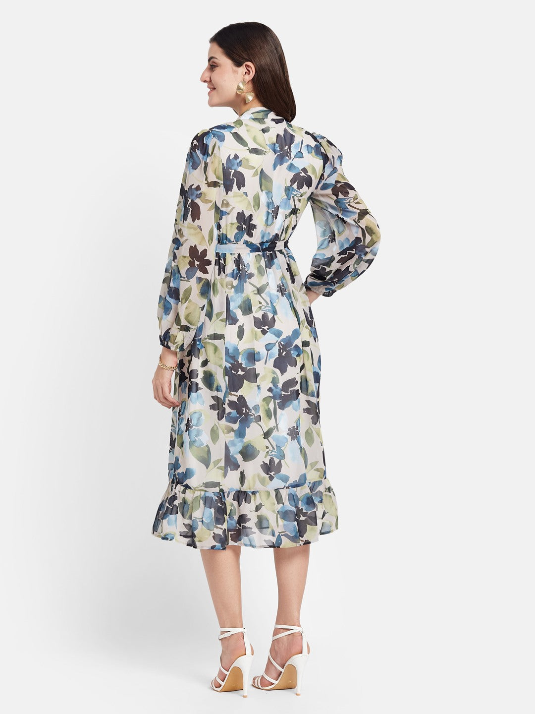 METTLE Floral Print Puff Sleeves Mock Neck Fit & Flare Dress