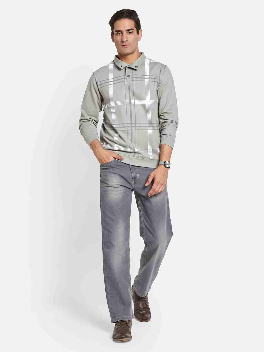 Octave Men Striped Shirt Collar Pullover Sweatshirt