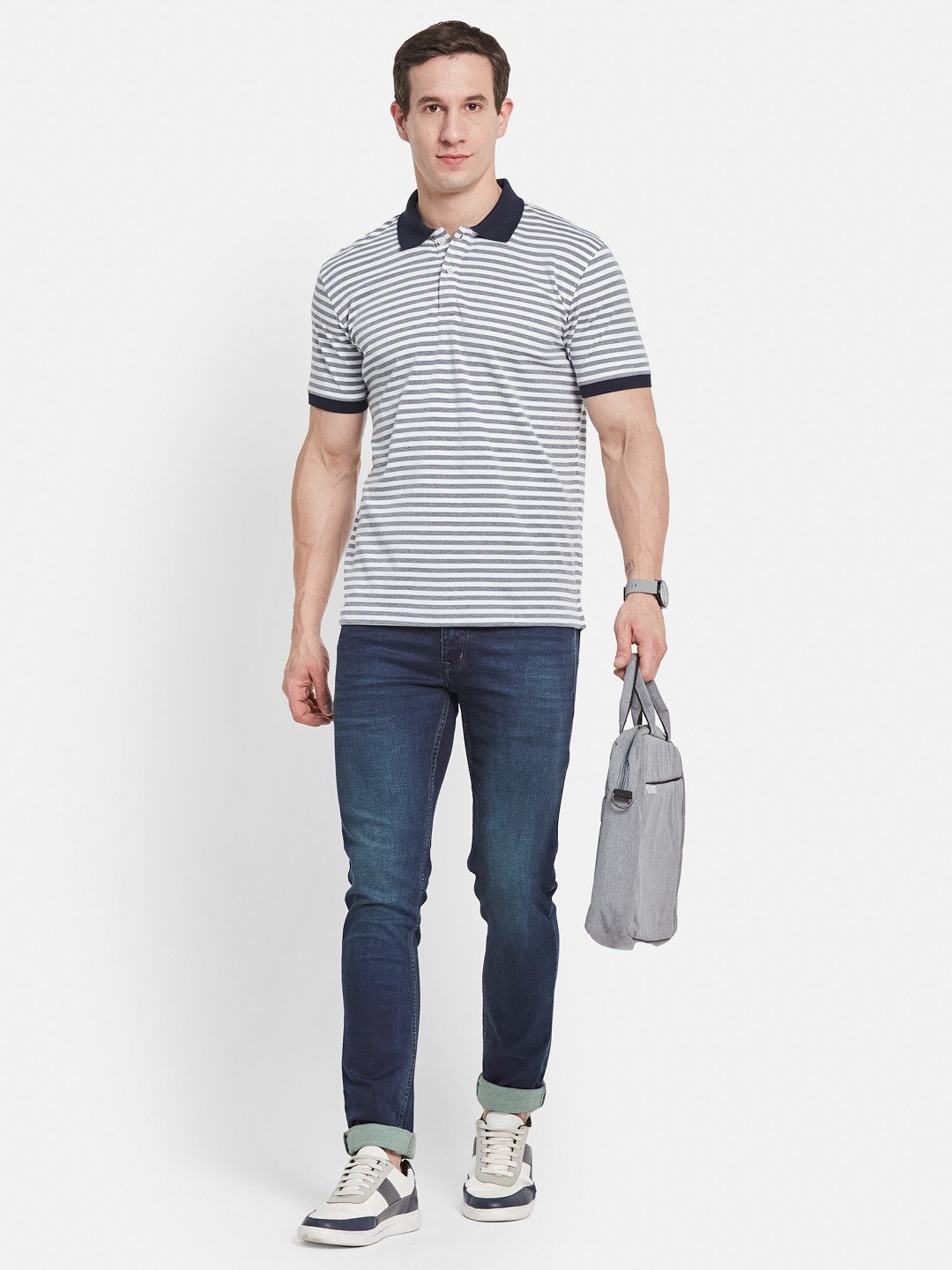 Octave Men Striped Polo Collar Monochrome T-shirt