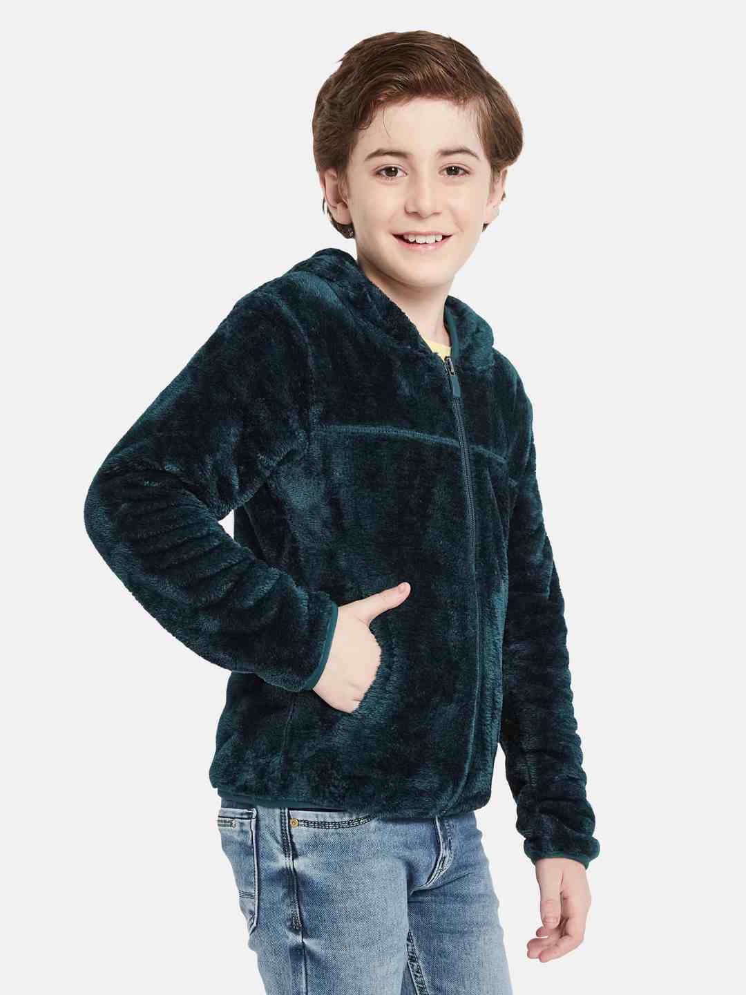 Octave Boys Self Design Front Open Fleece Hooded Sweatshirt