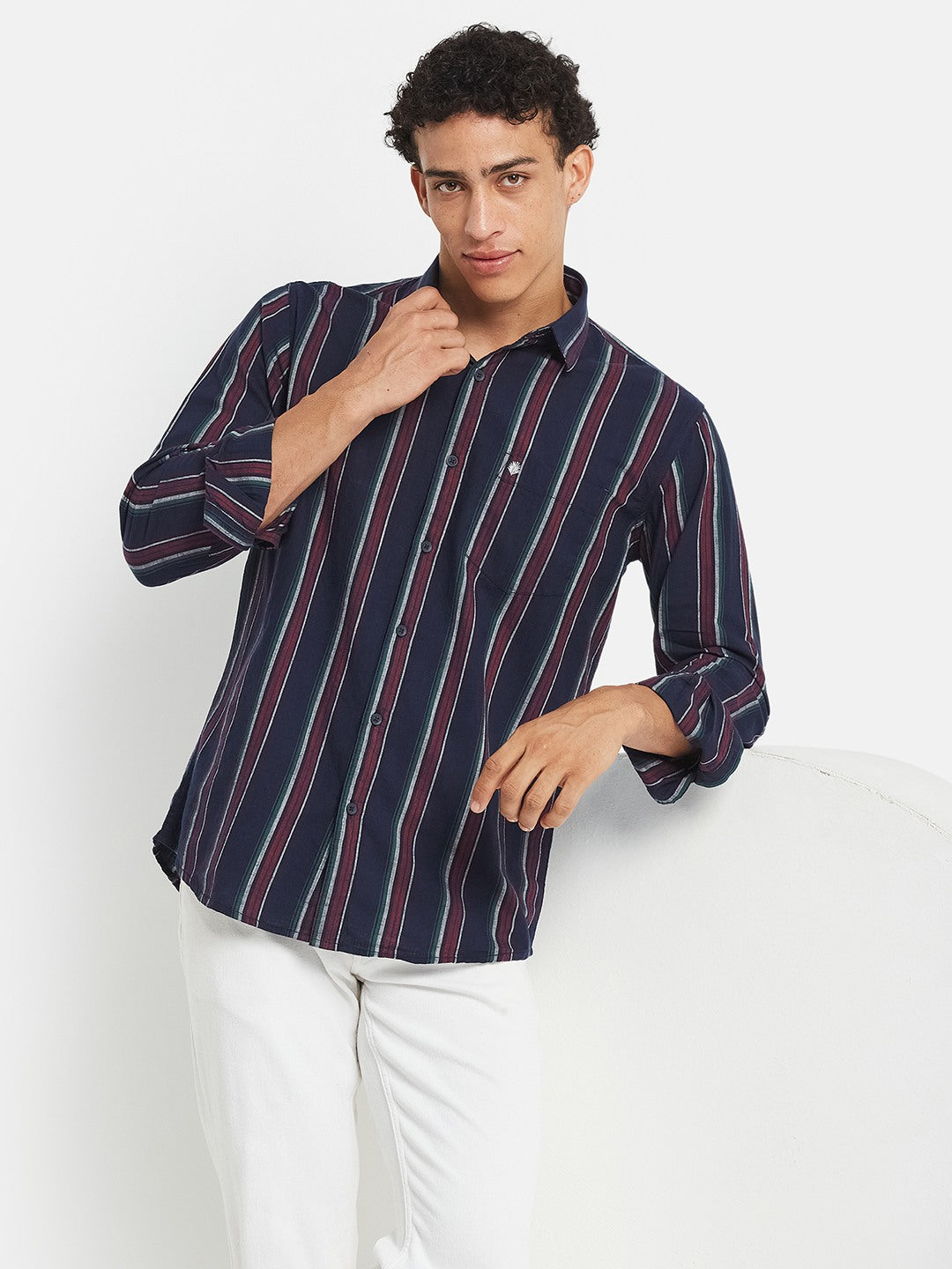 METTLE Men Vertical Striped Spread Collar Cotton Casual Shirt