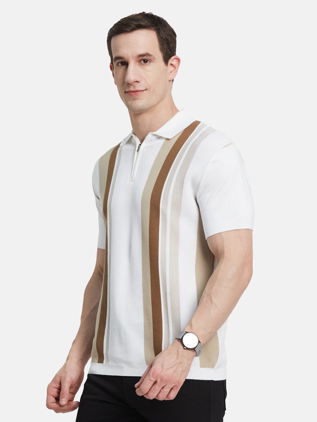 METTLE Men Striped Polo Collar Cotton T-shirt