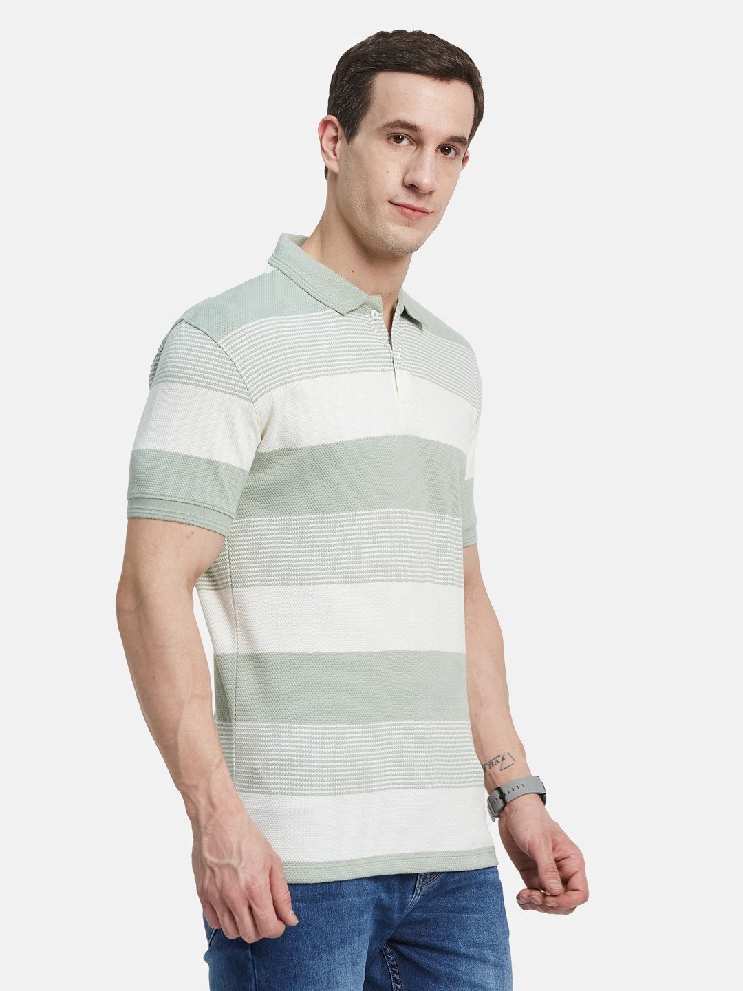 HORIZONTAL STRIPE POLO NECK POPCORN KNIT T-SHIRT