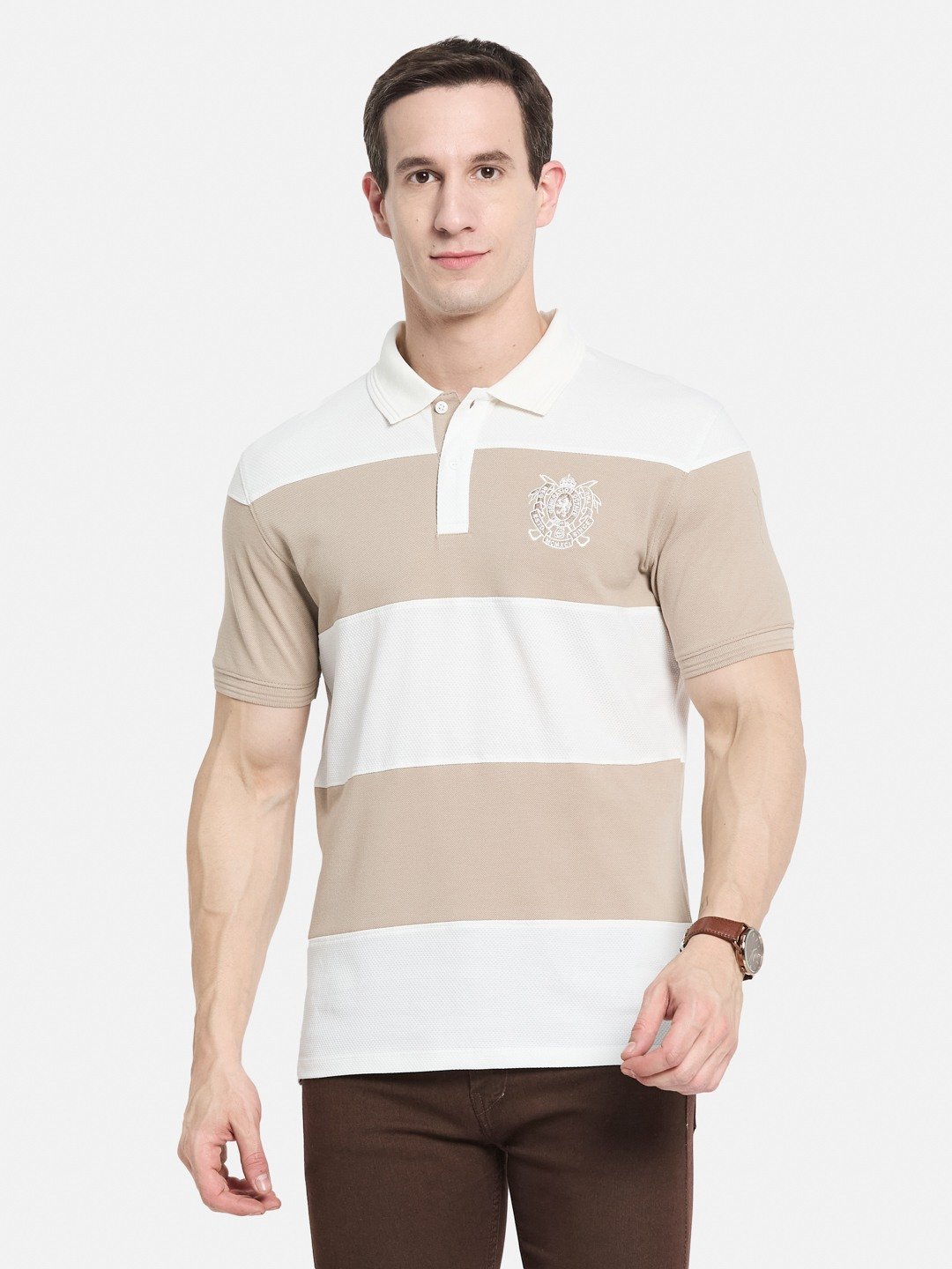 COLOUR BLOCKED CUTN SEW STRIPE EMBROIDED APPLIQUE T-SHIRT