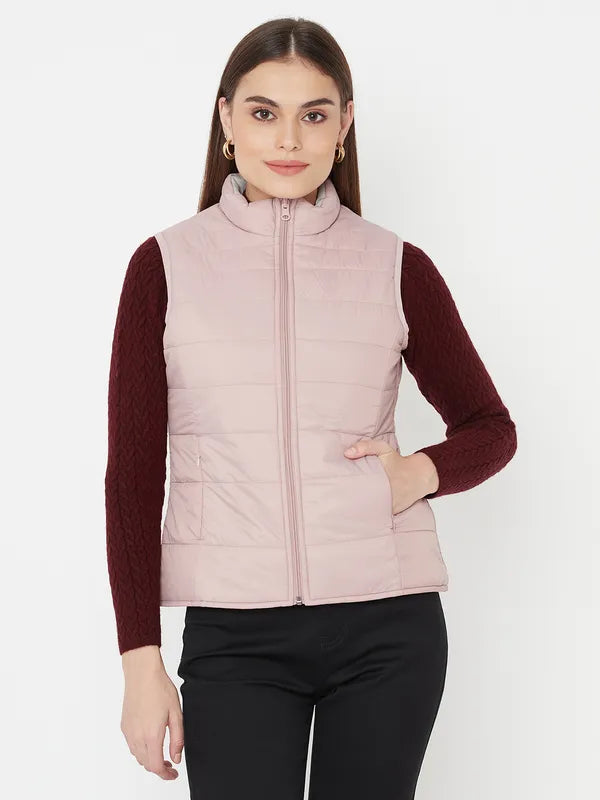 Mettle Women Pink Geometric Sleevless Puffer Jacket