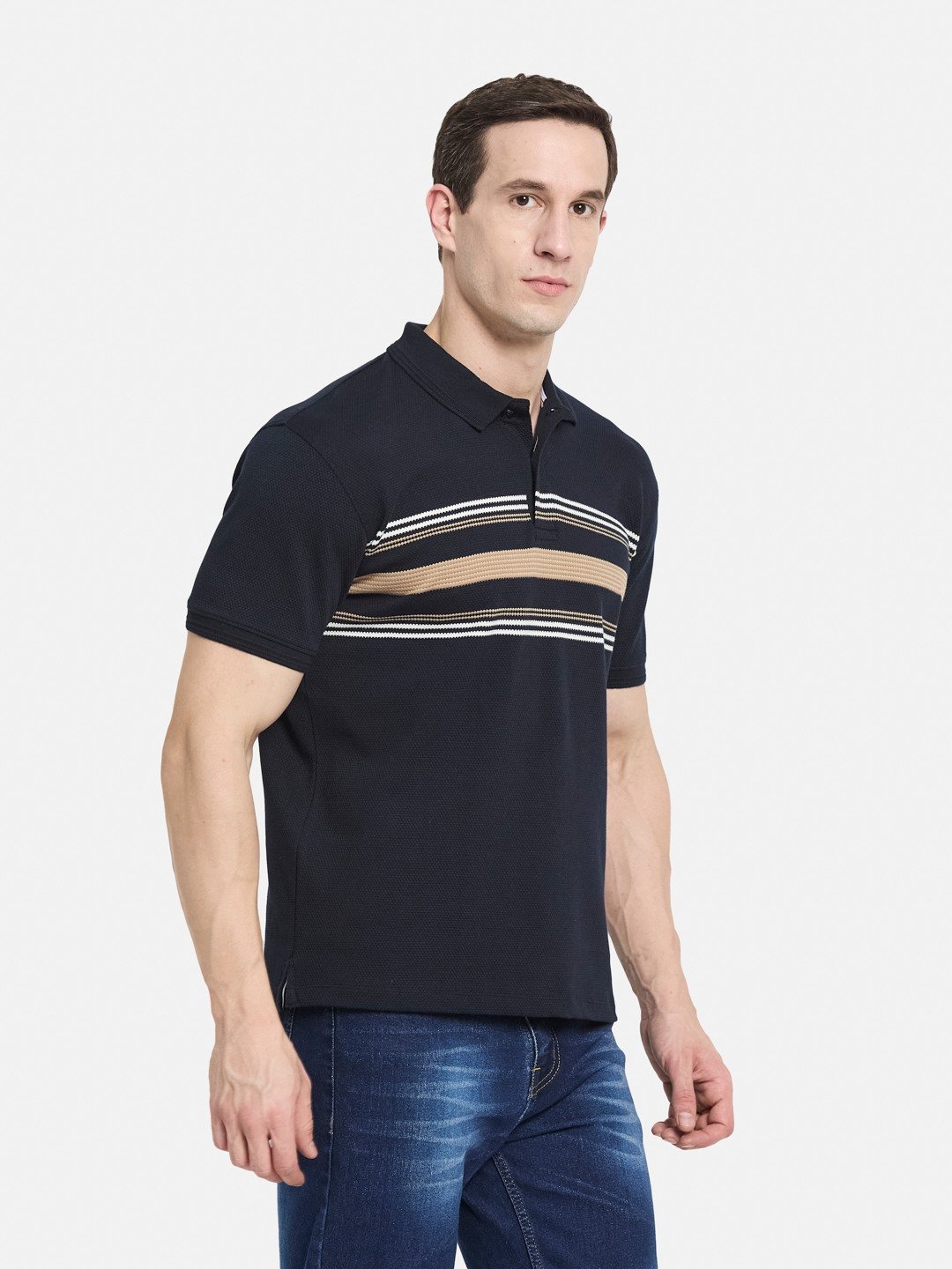 HORIZONTAL STRIPE POLO NECK POPCORN KNIT T-SHIRT