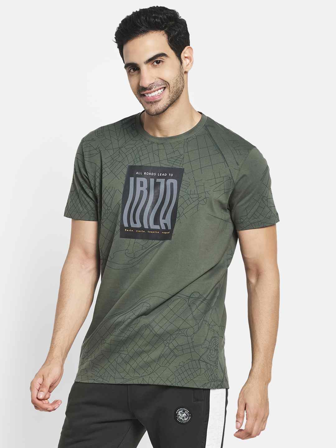 Octave Men Olive Green  Goblin Blue Typography Printed Raw Edge T-Shirt