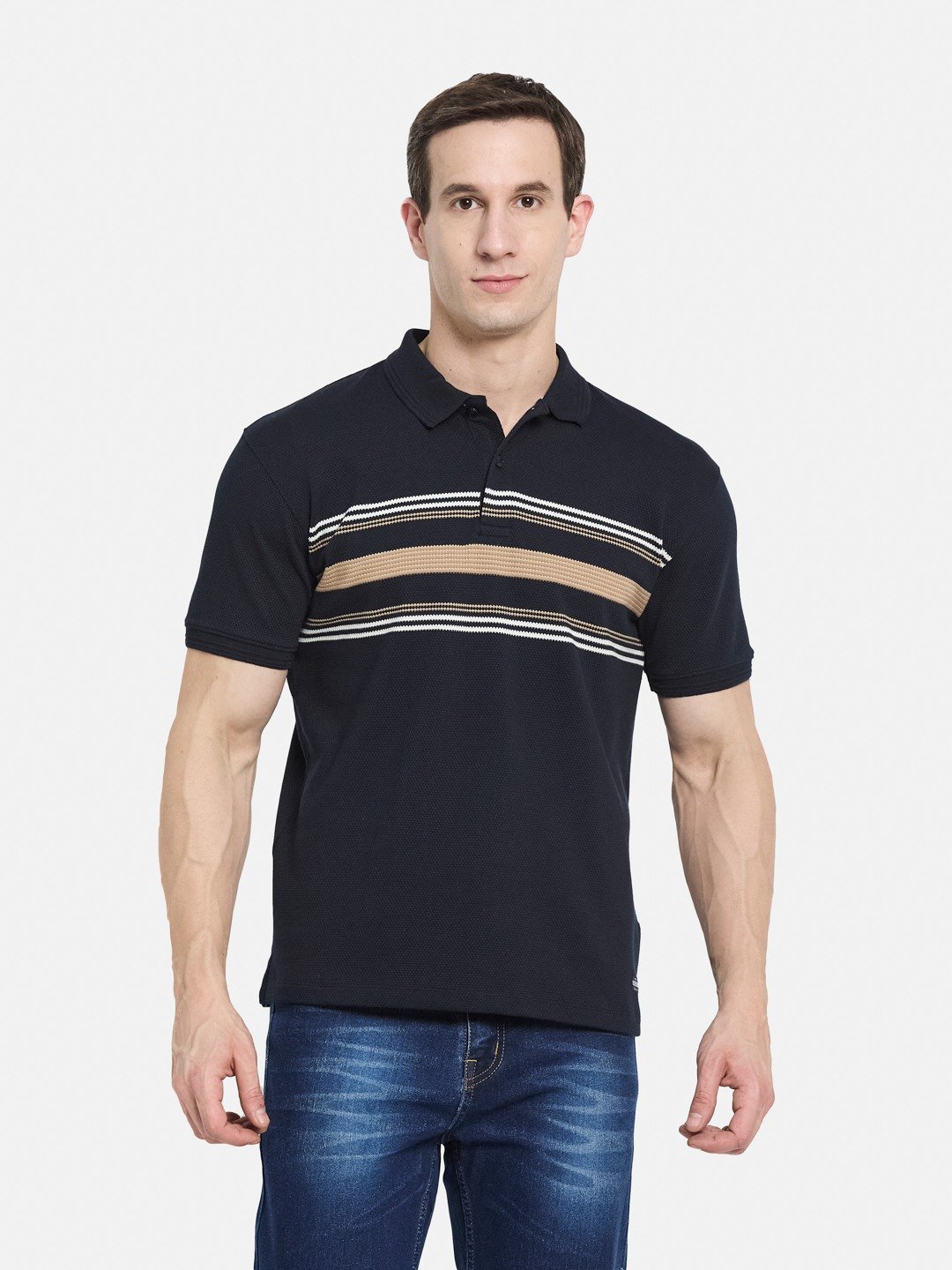 HORIZONTAL STRIPE POLO NECK POPCORN KNIT T-SHIRT